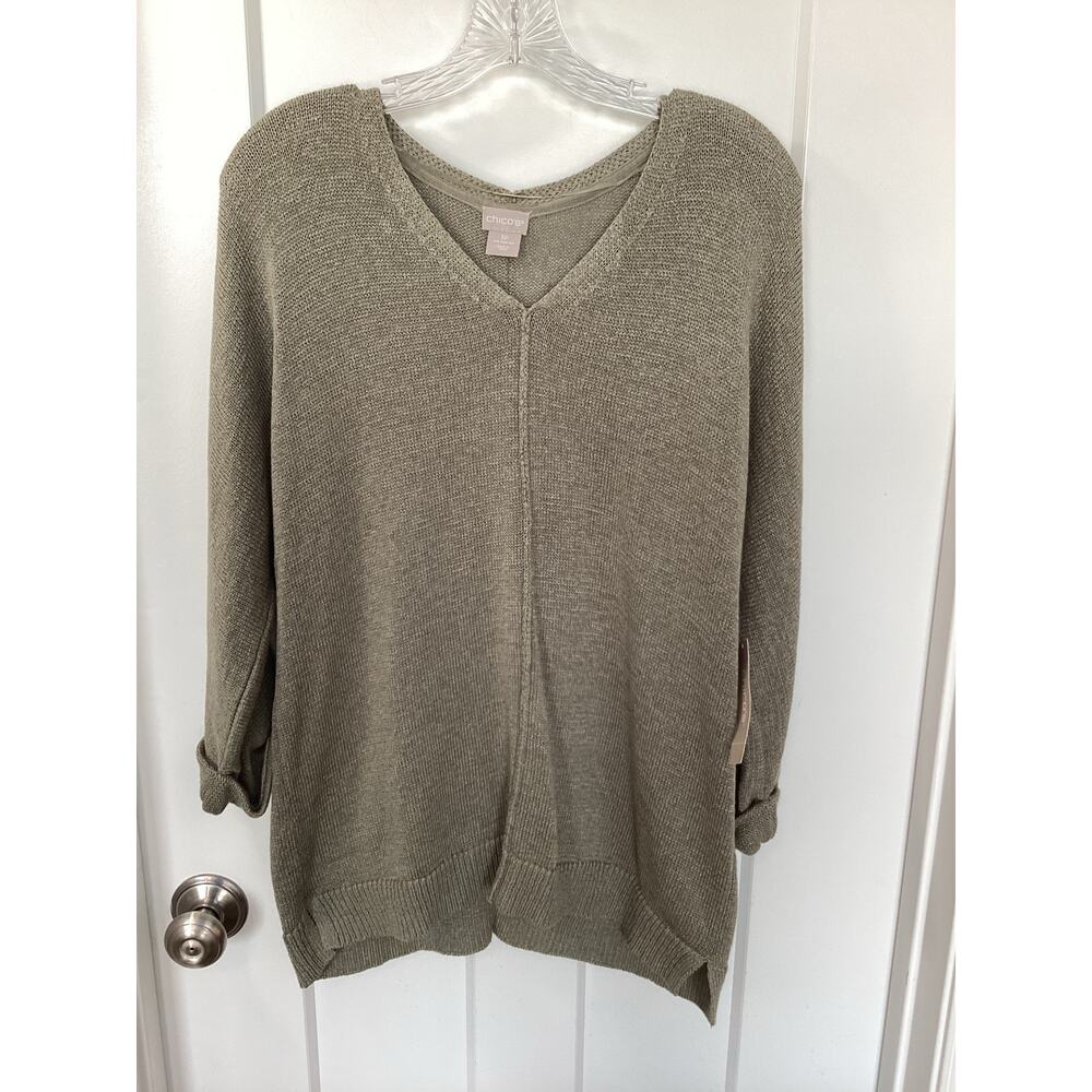 NWT Chico's Women's Long Sleeve V-Neck Pullover Knit Sweater Green Gray 3Petite